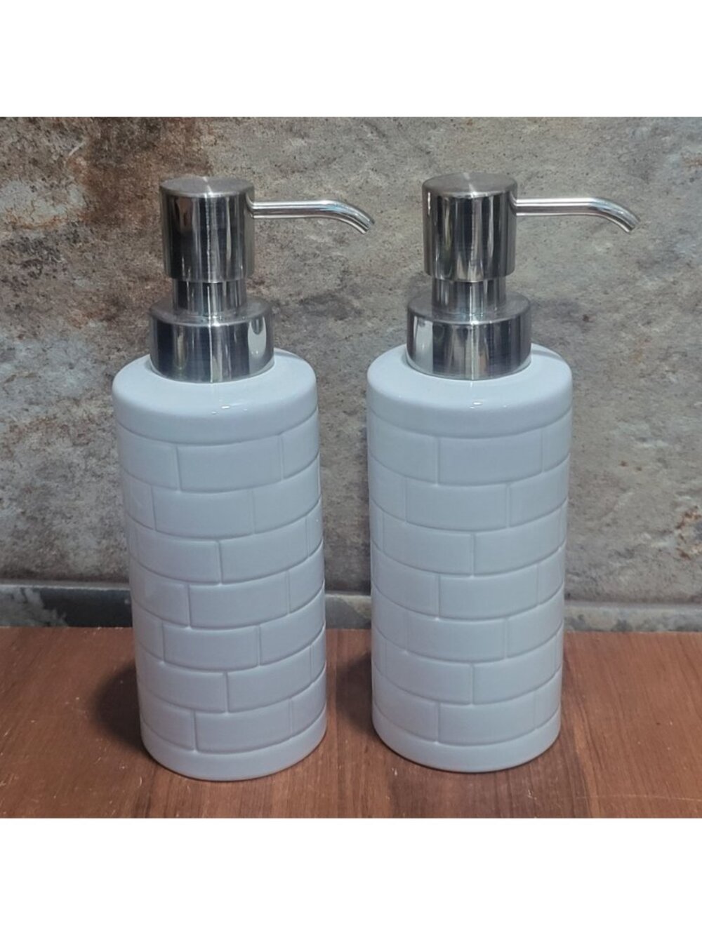 Threshold White Ceramic Soap Dispenser Set 2pc Subway Tile Brick Pattern Chrome - Picture 3 of 8